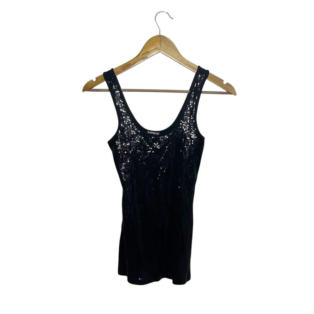 Express Black Sequin Sleeveless Top 2000s Going Out Tank S Glam Y2K Club Sparkly